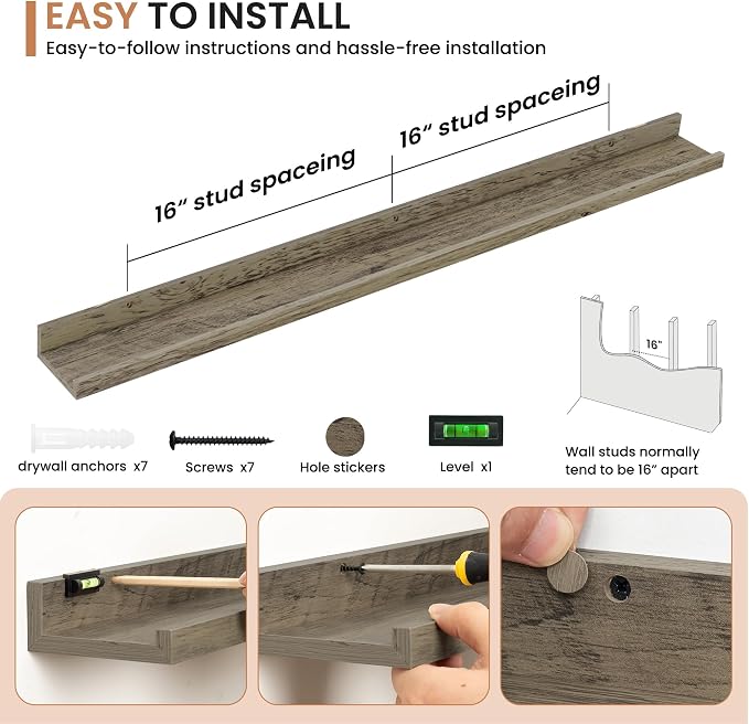 Dreamland Picture Ledge Shelf for Wall, Floating Shelves Set of 2,48 inch Long Floating Shelves with Lip for Living Room,Bedroom,Bathroom,Kitchen,Grey