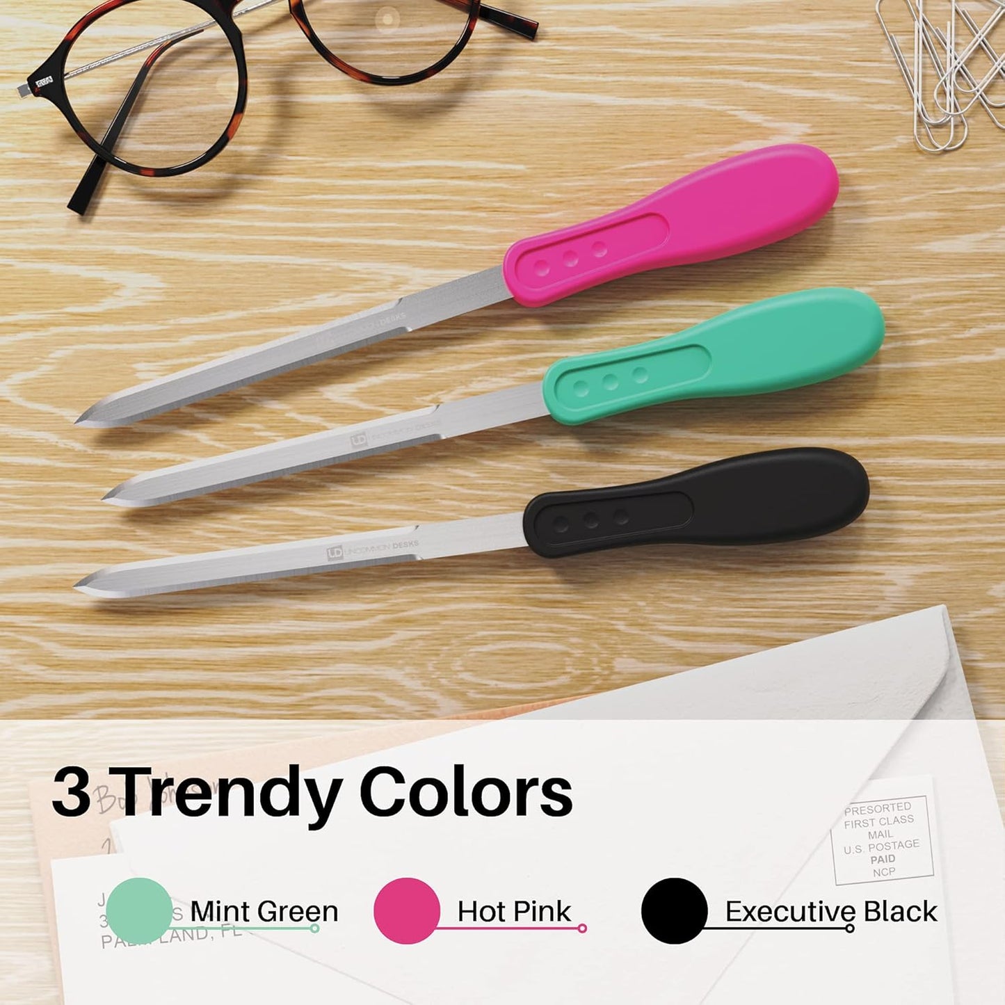 Uncommon Desks Letter Opener - Ergonomic Stainless Steel Knife-Edge Blade | 6 Mixed Colors