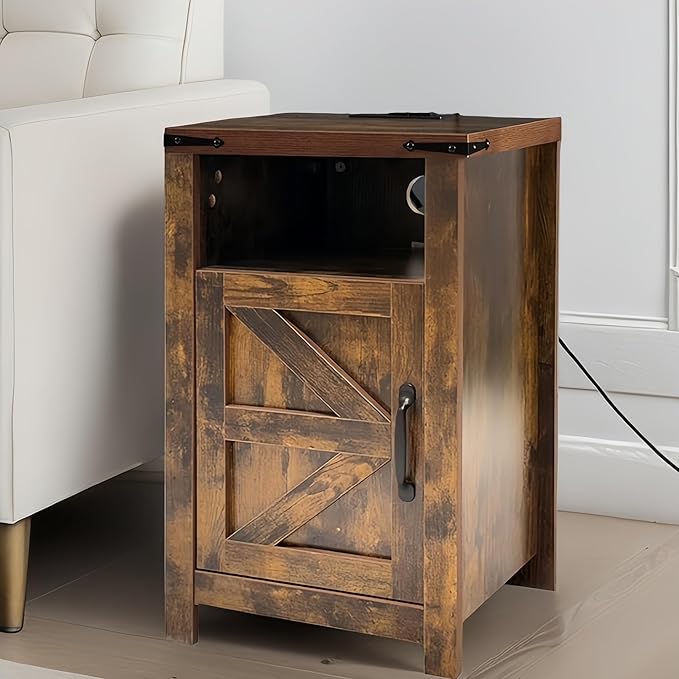 Farmhouse Living Room Table Set of 3, 2 Rustic End Table with Charging Station and 1 Sofa Table with Large Hidden Storage, Farmhouse Sofa Table Set for Living Room, Office, Brown