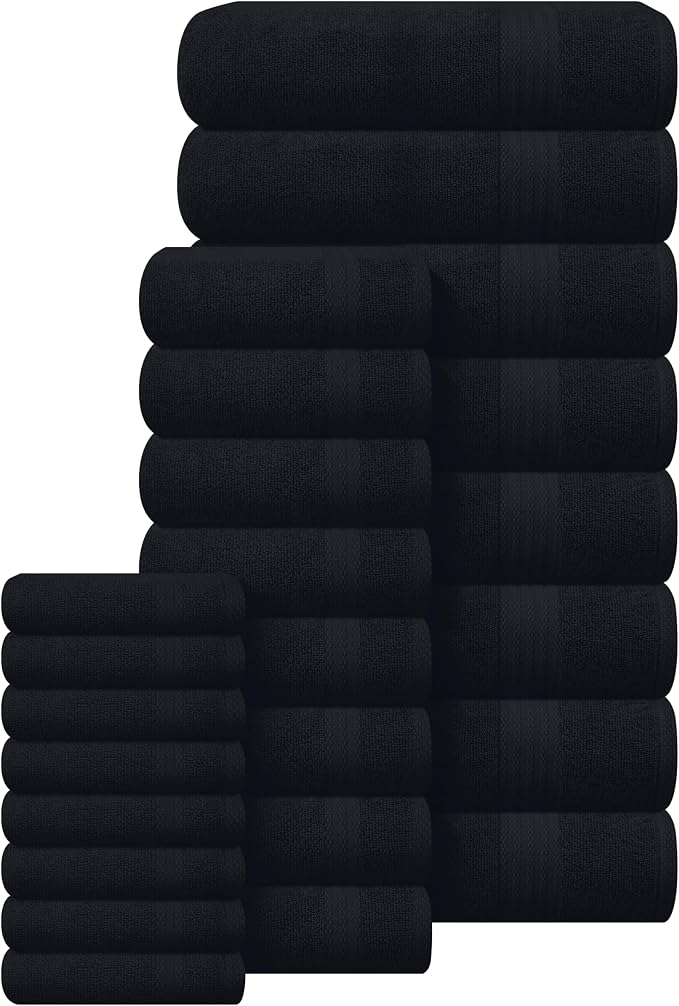 GLAMBURG Ultra Soft 24-Piece Towel Set - 100% Pure Ringspun Cotton, Contains 8 Oversized Bath Towels 27x54, 8 Hand Towels 16x28, 8 Wash Cloths 13x13 - Ideal for Everyday use, Hotel & Spa - Black