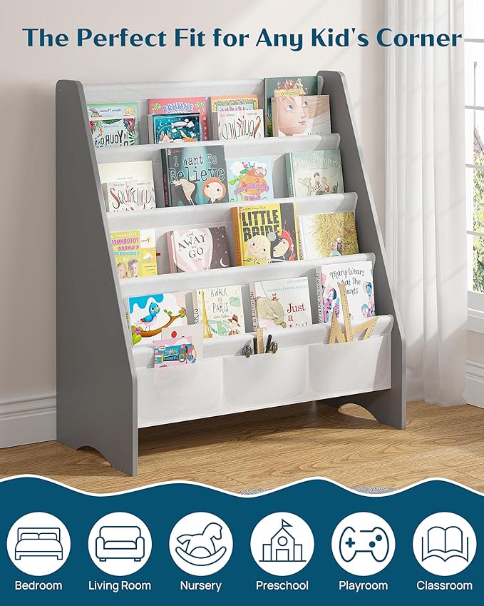 SEIRIONE Sturdy Kids Bookshelf,4-Tier Book Shelf for Kids Room with Tear-Proof Oxford Fabric-Nursery Room Playroom Classroom,Deep Slings to Keep Books Upright,Ideal Height for Toddler Age 3+, Grey