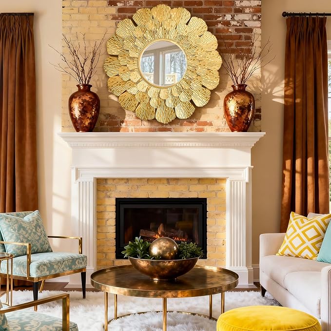 Round Gold Mirror ，33.5" Large Sunburst Mirror with Metal Frame, Wall Decor Mirrors for Hallway,Bedroom, Living Room
