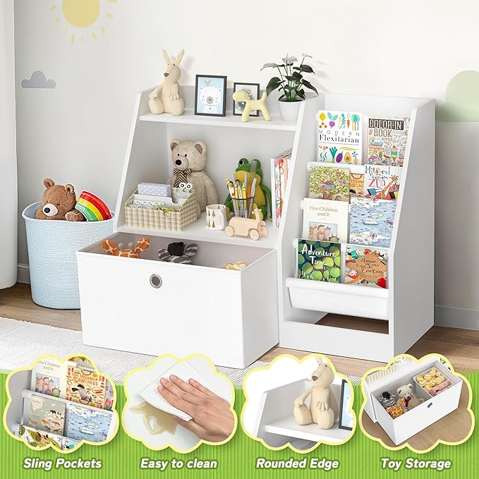 TOETOL Kids Bookshelf,Book Storage Organizer,4 Sling Toddler Wooden Book Shelf,2-Tier Kids Bookcase for Bedroom,Livingroom,Playroom,Nursery-White