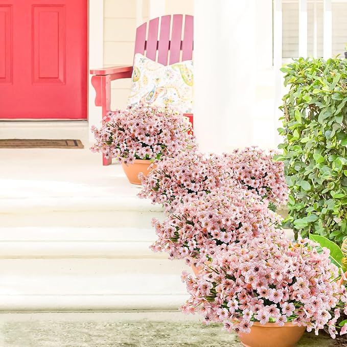 Uieke Artificial Fake Flowers, 16 Bundles Outdoor Plastic Flowers Cemetery Flowers UV Resistant No Fade Floral Arrangements Outside Hanging Planter Home Garden Porch Window Box Décor (Pink)