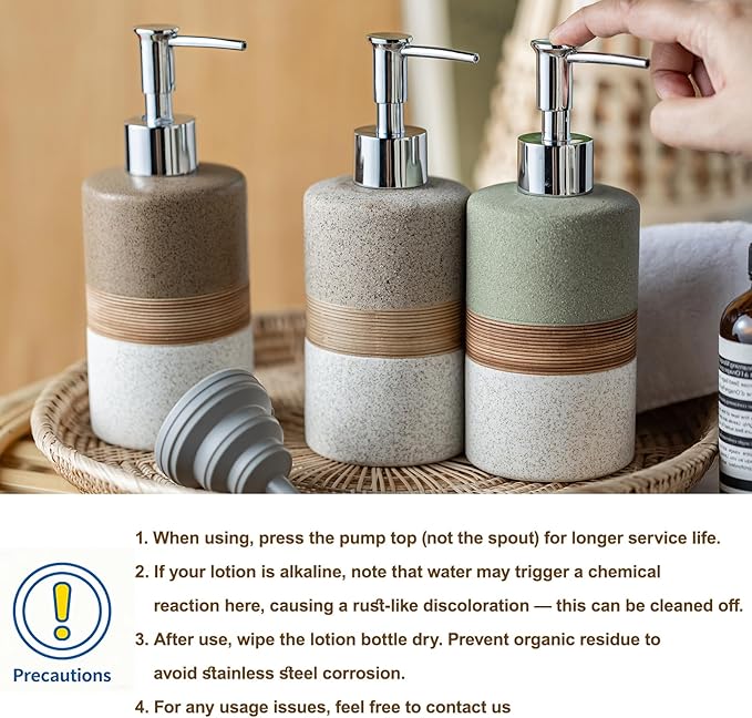 Ceramic Soap Dispenser Set for Hand Soap, Shampoo, Dish Soap, Conditioner, Includes Stainless Steel Pump and Silicone Funnel, 12 Oz, Modern Kitchen Decor