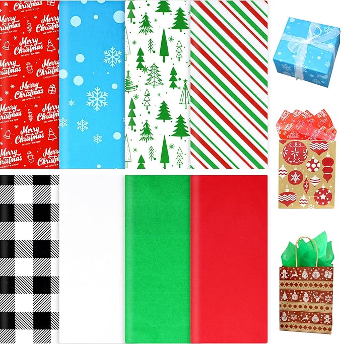 Hifunwu 160 Sheets Christmas Tissue Paper for Gift Wrapping Bags, Christmas Holiday Tissue Paper Bulk for Gift Bags Wrapping