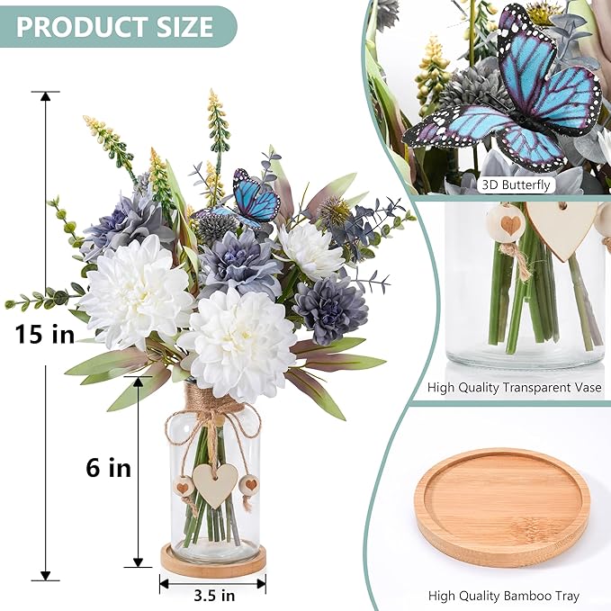 Fake Flowers in Vase 15.5"Centerpiece Table Decorations Silk Blue Flowers Arrangements Decor With Glass Vase Dahlia Artificial Flowers Chrysanthemum Faux Stems Butterfly Decorations (Clear)