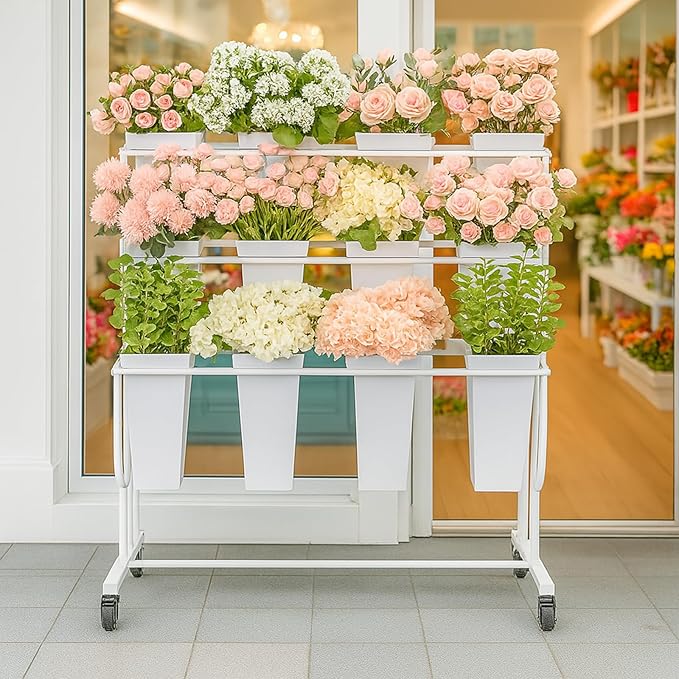 Flower Display Stand Frame, 3-Tier Flower Cart with Wheels, Metal Floral Display Rack , Moving Florist Bouquet Shelf for Shop ,Flower Bar, Events (White - 3 Tier)