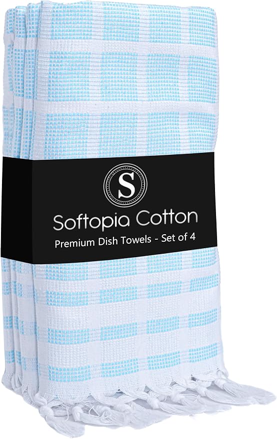 Matrix Dobby Kitchen Towels 4 Pack, 100% Cotton, 16x26 Inches, Handmade Knotted Tassel Tea Towels, Reusable & Absorbent Wash Rags for Drying and Cleaning - Aqua Blue, White