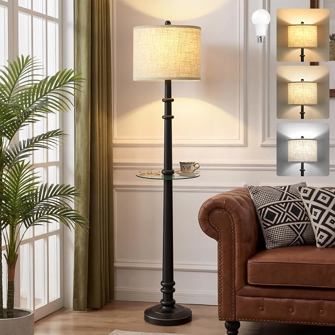 EJIAXIN Floor Lamp with Table - 60" Resin Farmhouse Floor Lamps for Living Room with Adjustable Color Temperatures - Vintage Standing Lamp Reading Light Retro Tall Lamp for Bedroom Office, Black