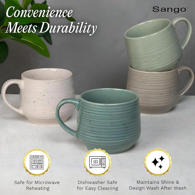 Sango Siterra Artist's Blend 17 oz. Stoneware Mug Set- Service for 4, Rustic Design, Green/White/Beige, Scratch-Resistant, Microwave & Dishwasher Safe, for Everyday Dining & Entertainment