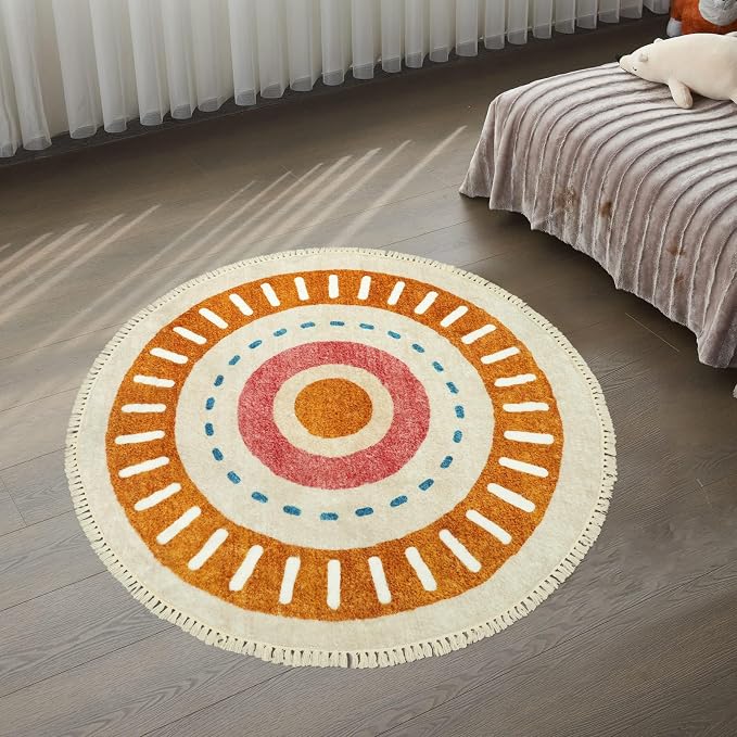 Lukinbox Boho Round Rug -3Ft Sun Washable Bedroom Rugs, Ultra Soft Non-Slip Circle Area Rugs for Living Room, Colorful Circular Rainbow Bathroom Rug for Kids Playroom Nursery Room Chair