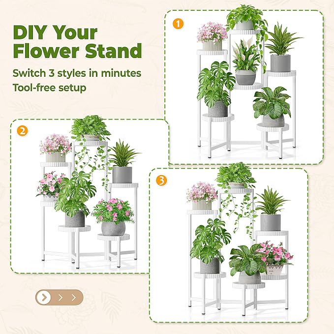 6 Tier Large Plant Stand Indoor with 7.9 Inch Wide Tray, Tiered Corner Metal Outdoor Flower Display Holder Shelf, Foldable Tall Rack for Patio Porch Living Room - WhiteFloroma