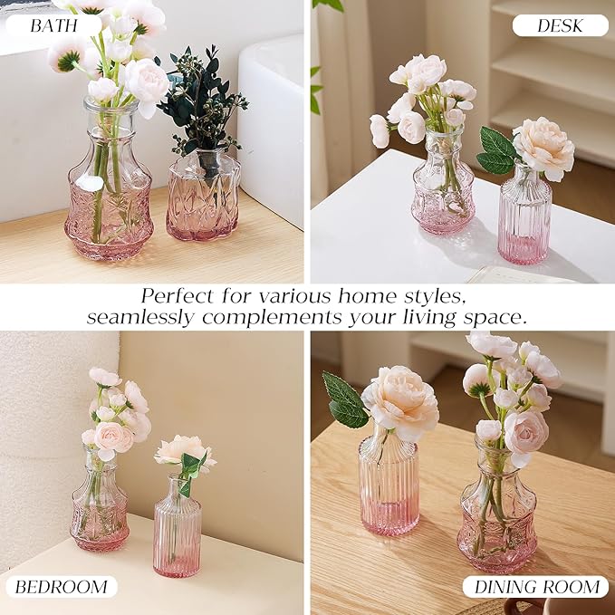 Glass Bud Vase Set of 20 - Small Vases for Flowers in Bulk - Assorted Vintage Crystal Vases for Flowers, Table Centerpieces (Pink, 20 Pcs)
