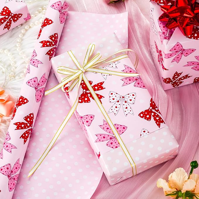 Yarcony Reversible Pink Wrapping Paper Roll for Girl Women, Cute Pink Coquette Bow Design Girly Gift Wrap for Birthday, Wedding,Valentine's Day, Christmas, Baby Shower, Party(17 Inch X 33 Feet)