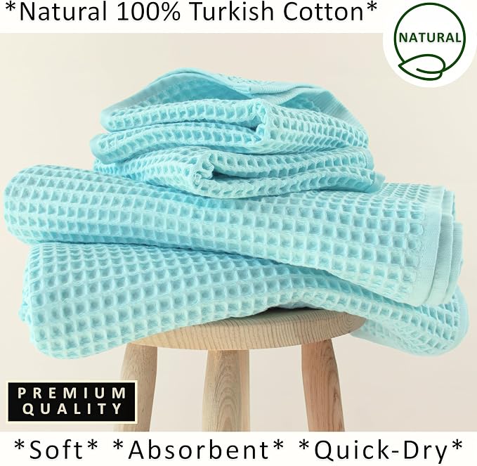 PÜSKÜL 4-Piece Natural 100% Turkish Cotton Luxury Waffle Towels for Bathroom | Premium Honeycomb Weave 2 Hand Towel & 2 Bath Towel Set | Soft Absorbent Quick-Dry Lightweight Towels (Turquoise)