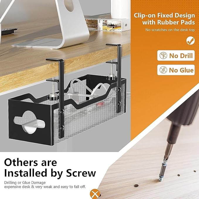 Under Desk Cable Management Tray 15.95", Quszmd Cable Organizer No Drill, Standing Cord Organizer and Wire Management Tray - No Damage to Desk, Black