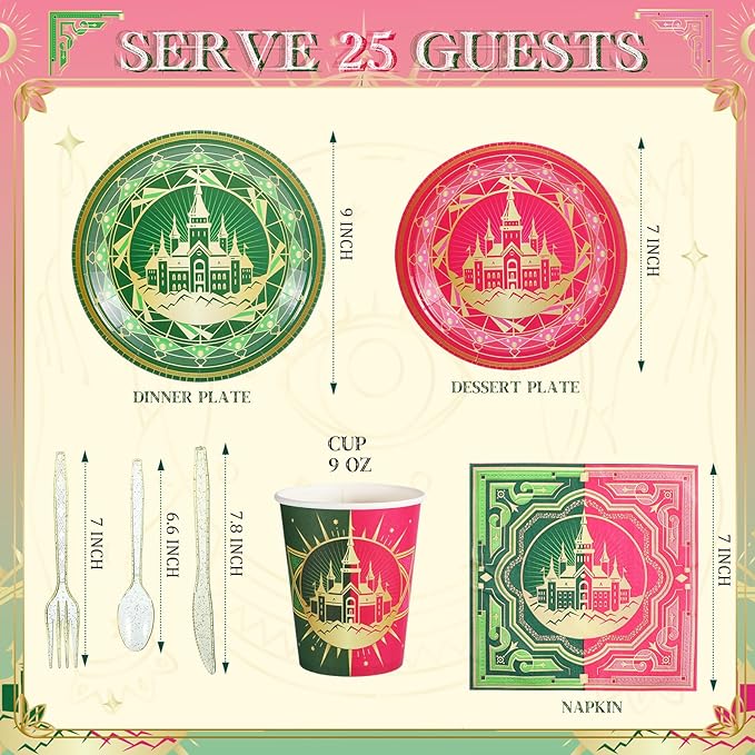 Roshtia 25 Set Witch Party Supplies Pink and Green Paper Plates Napkins Tablewares Disposable Witch Dinnerware for Girls Women Witchy Birthday Party Decorations Favors