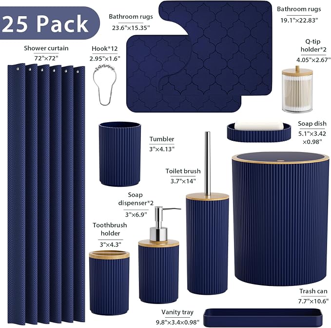 Navy Blue Bathroom Accessories Set 25 PCS, Bathroom Decor Set with Shower Curtain and Rugs, Trash Can, 2 Soap Dispensers, Toothbrush Holder, Tumbler, Soap Dish and Tray
