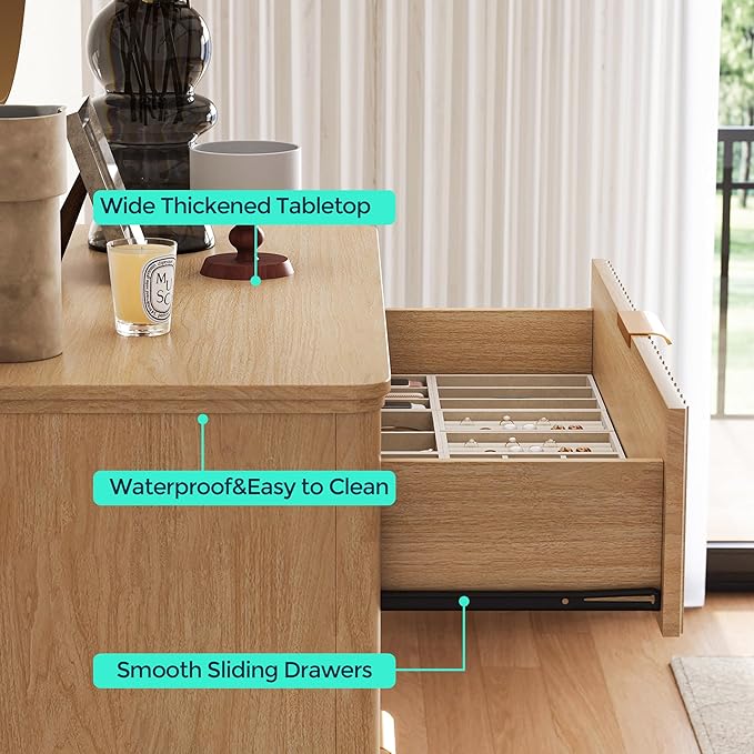 LINSY Fluted Dresser for Bedroom with 5 Drawers, Mid Century Modern Chest of Drawers with Gold Metal Handles, Tall Boho Wood Dressers, Large Farmhouse Storage Cabinet for Bedroom, Living Room, Oak