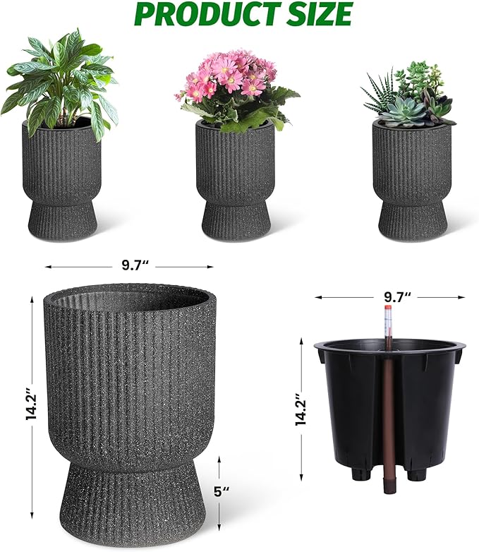 14.2" Tall Planters Set of 2, Plant Pots, Self Watering Pots for Indoor Plants, Flower Pots With Built-In Drainage and a Water Level Monitor, for Patio, Porch, Living Room, or Office, Marble Black
