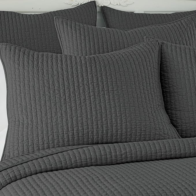 Levtex Home Cross Stitch Reversible King Bedspread Set (120x104in) with 2 Pillow Shams (36x20in) - Stitch Texture - Charcoal - Cotton King Size Bedspread Set - Soft, Pre-Washed