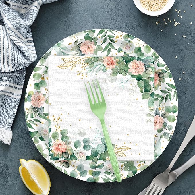 72 Pcs Floral Paper Plates and Napkins Party Supplies, Sage Green Disposable Tableware Set for Spring Summer Picnic Wedding Birthday Baby Shower Tea Party Decorations, Serves 24