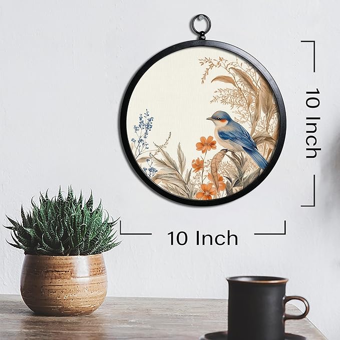 XIAOAIKA Vintage Wall Art with Metal Frame, Round Wood Print Featuring Bluebird and Wildflowers, Boho Wall Decor for Living Room, Bedroom, Kitchen, Entryway, 10 Inch