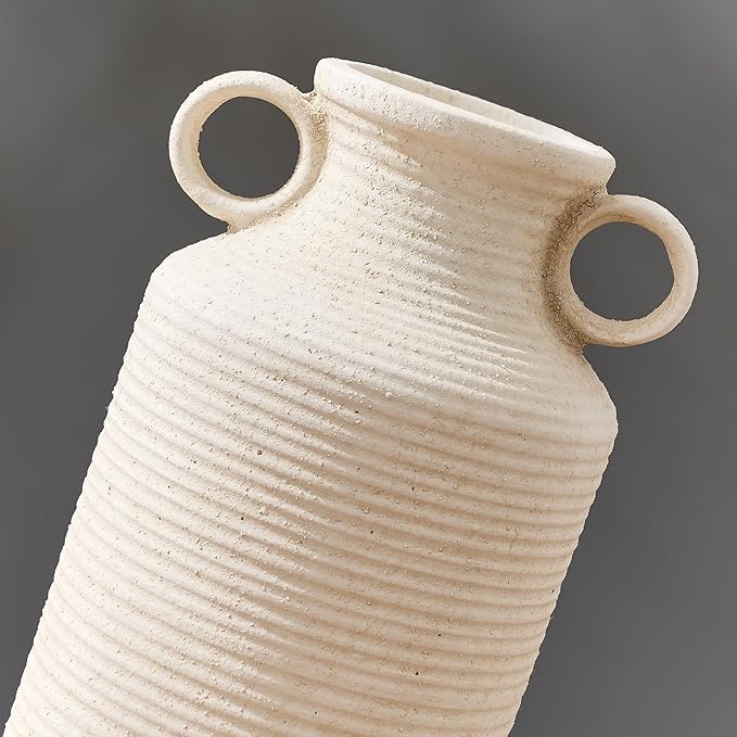 Ceramic Rustic Vase with 2 Round Handles, Antique Farmhouse Flower Vase, Vintage Terracotta Vases for Home Decor, Wedding, Living Room, Table, Shelf Decor - 10.2 Inch Tall, White