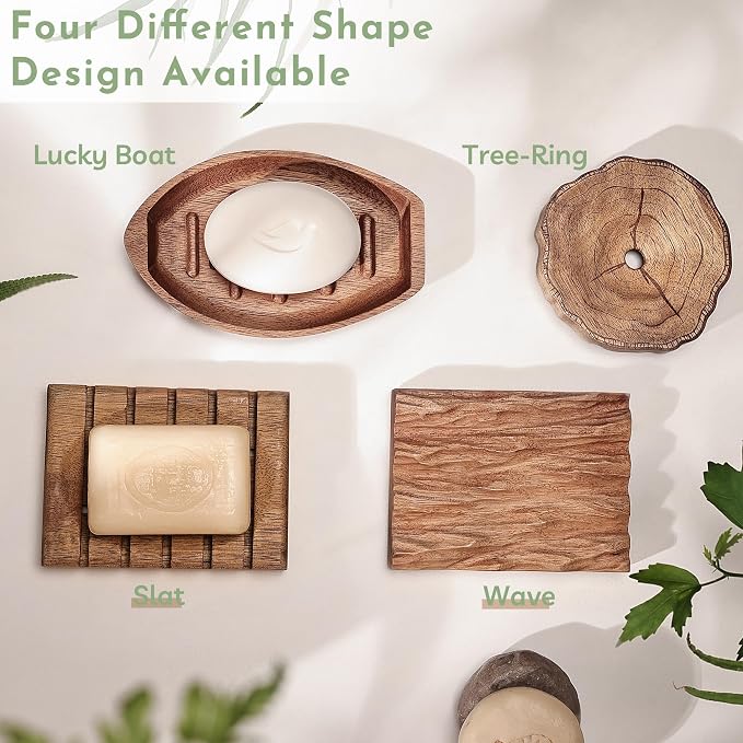 Acacia Wooden Soap Dish with Self Draining, Funny and Modern Multi Shape Design, Soap Holder for Sink Countertop, Shower & Bathroom Soap Tray。 (Tree Ring-3.94"x3.94"x0.86")