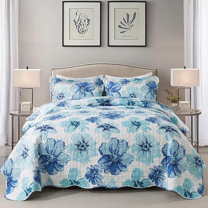 HoneiLife Quilt Sets Queen Size - 3 Piece Microfiber Quilts Reversible Bedspreads Print Coverlets Floral Bedding Set All Season Bedcover- Splash-Ink Painting,Blue & Cyan