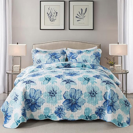 HoneiLife Quilt Sets Queen Size - 3 Piece Microfiber Quilts Reversible Bedspreads Print Coverlets Floral Bedding Set All Season Bedcover- Splash-Ink Painting,Blue & Cyan