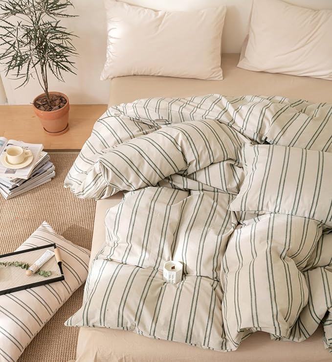 VM VOUGEMARKET Queen Comforter Set Green Striped Bedding Comforter with 2 Pillowcases Modern Farmhouse Style Lightweight Comforter Set for Boys Men