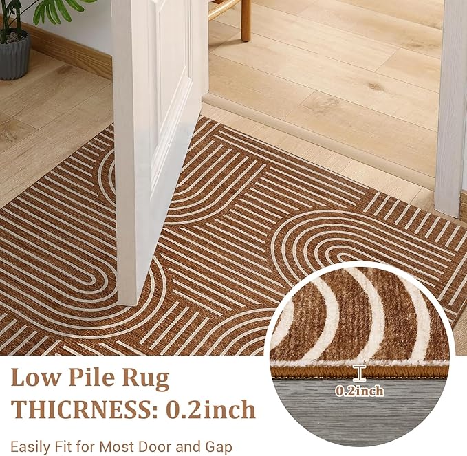 Washable Brown Runner Rug 2x6 Non Slip Bathroom Rugs Non Shedding Abstract Lines Runners for Hallway Low Pile Kitchen Rugs Soft Bedside Rug Runner for Kitchen Hallway Entryway, Brown