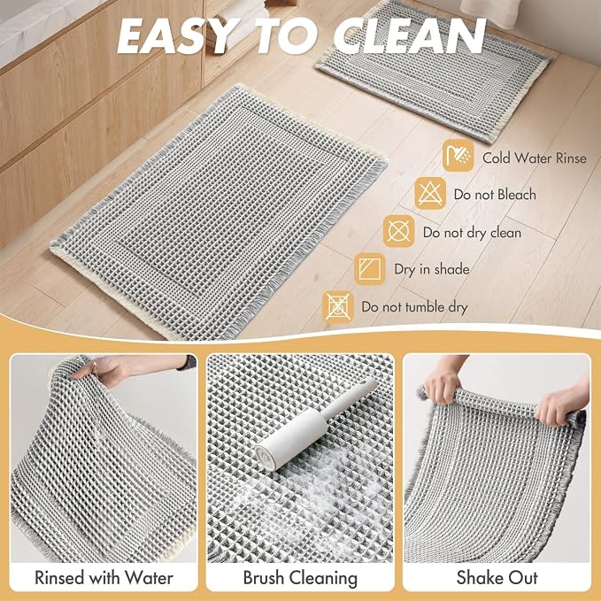 MIULEE Set of 2 Waffle Bathroom Rugs, Boho Bath Rug Super Absorbent, Non Slip Washable Ultra Soft Rubber Backed Shower Bath Mats for Floor, Tub, Shower, Looped Design, Lightgrey & Cream, 18x30 Inch
