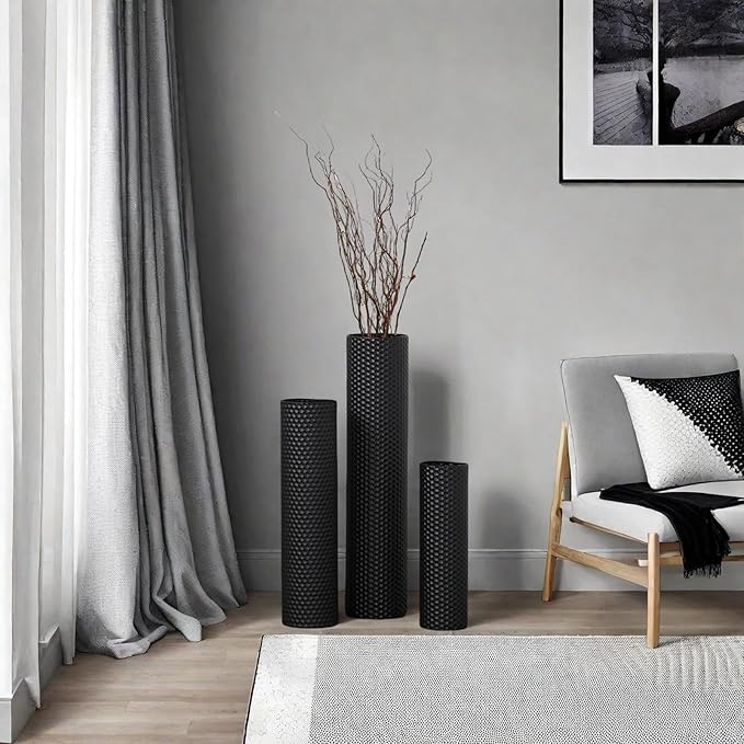 Qianly 3 Pieces Floor Vases Set Flower Container, Creative, Floor Standing Decorative Cylinder Vase for Corner Bedroom Fireplace
