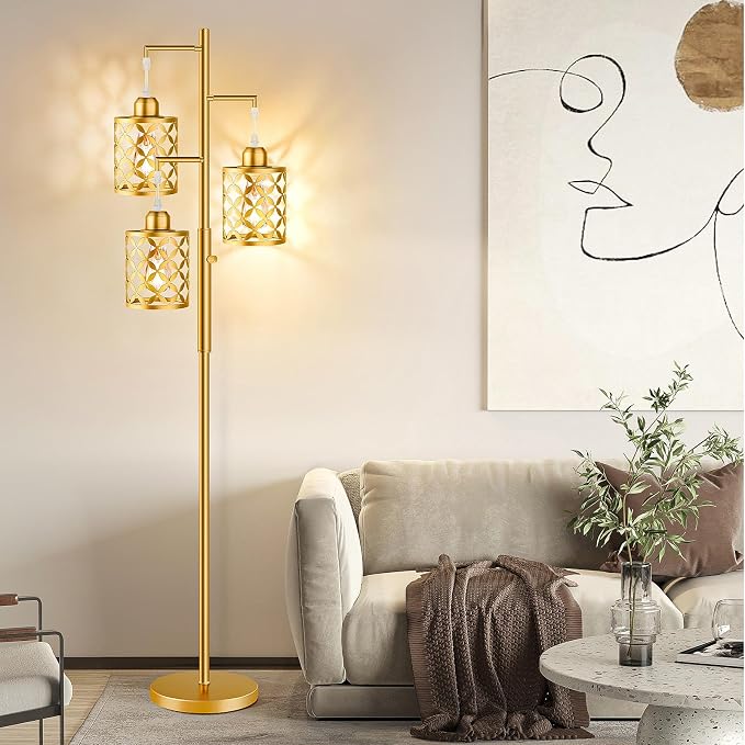 Dimmable Floor Lamp, Farmhouse Standing Lamp with Elegant Metal Cage, Industrial Tall Tree Floor Lamps for Living Room, Bedroom, Study Room, Office, 3 x 800LM LED Bulbs Included, 72", Gold
