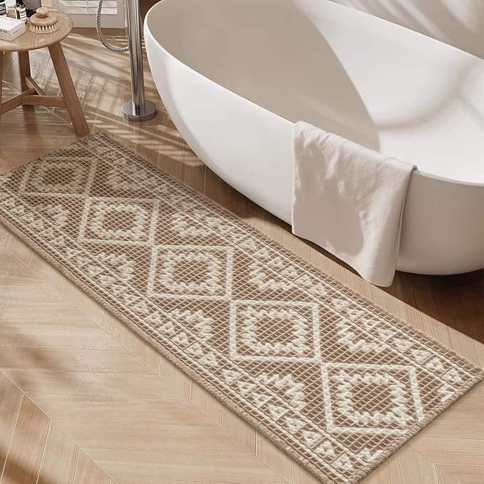 PADOOR-Waffle Bathroom Runner 24"x48", Super Absorbent Bath Mats for Bathroom, Machine Washable Non Slip Bath Rug with Tassels, Soft Bath Mat for Laundry Room, Bedroom, Brown & Cream, 2'x 4'