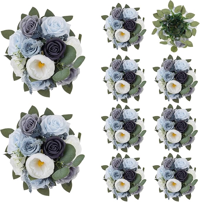 BLOSMON Artificial Flowers Ball Wedding Centerpieces 10 Pcs Dusty Blue Rose Artificial Flower Center Pieces Decoration for Table Silk Kissing Ball Floral Bouquet Arrangements Home Party DIY Decor