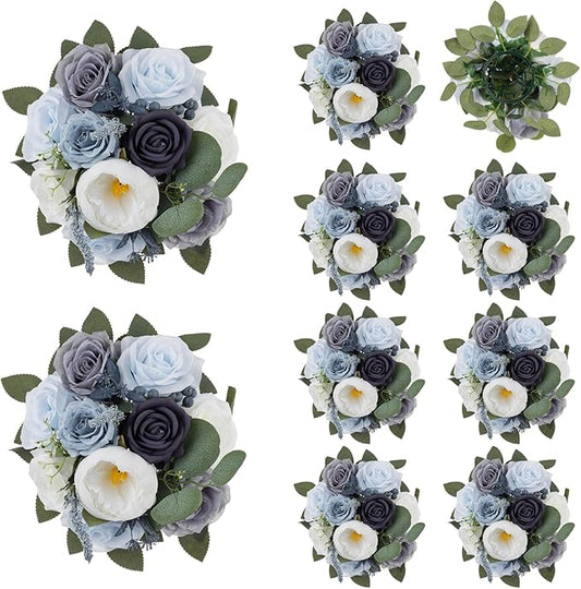 BLOSMON Artificial Flowers Ball Wedding Centerpieces 10 Pcs Dusty Blue Rose Artificial Flower Center Pieces Decoration for Table Silk Kissing Ball Floral Bouquet Arrangements Home Party DIY Decor