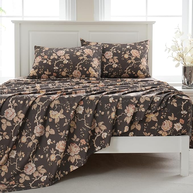 Zusbest Dark Brown Floral Bed Sheets Set - Full Size Percale Cotton Shabby Rustic Peony Flower Print Bed Sheets - Soft Breathable Mocha Classic Vintage Bedding 4 Pcs Deep Pocket Flower Bed Sheets