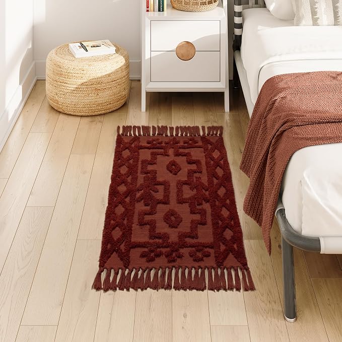 Uphome Boho Bathroom Rug 2' x 3', Washable Small Farmhouse Bedroom Rugs, Terracotta Geometric Bath Mats for Home Decor, Cotton Woven Moroccan Tufted Throw Rug for Entryway Front Door Kitchen