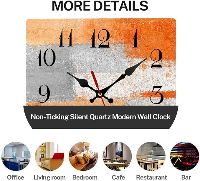 ArtSocket Wooden Wall Clock Silent Non-Ticking, Abstract Orange Grey Geometric Minimalist Checkered Square Rustic Wall Clocks Decor for Home Kitchen Living Room Office, Battery Operated(12 Inch)