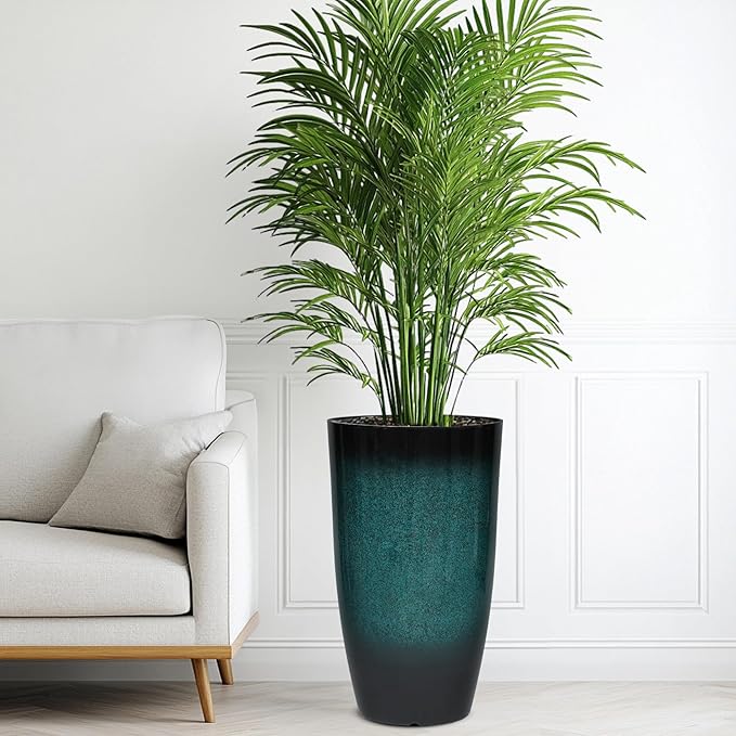 23.75" H Large Tall Outdoor Planters, Set of 2 Plastic Large Flower Pots for Outdoor Plants, Weather-Resistant for Porch, Garden, Patio or Indoor All Season Decor, Gradient Turquoise Finish