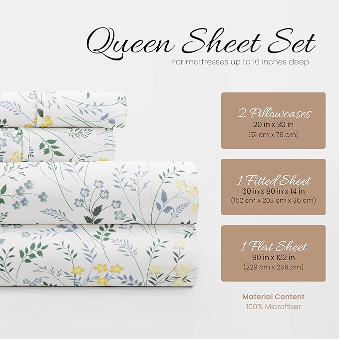 Linen Market Patterned Microfiber Queen Sheet Set 4 Piece – Oeko-TEX Certified Ultra Soft & Wrinkle-Free - 16" Deep Pocket Sheets - Easy Care Queen Size - Wildflower Light Blue