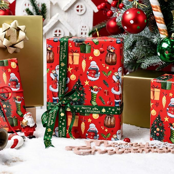 MAYPLUSS Christmas Wrapping Paper Roll - 17IN X 33FT - Red Gift Wrapping Paper Featuring Santa Claus Christmas Tree Snowman Reversible Gold for Kids, Holiday, New Year