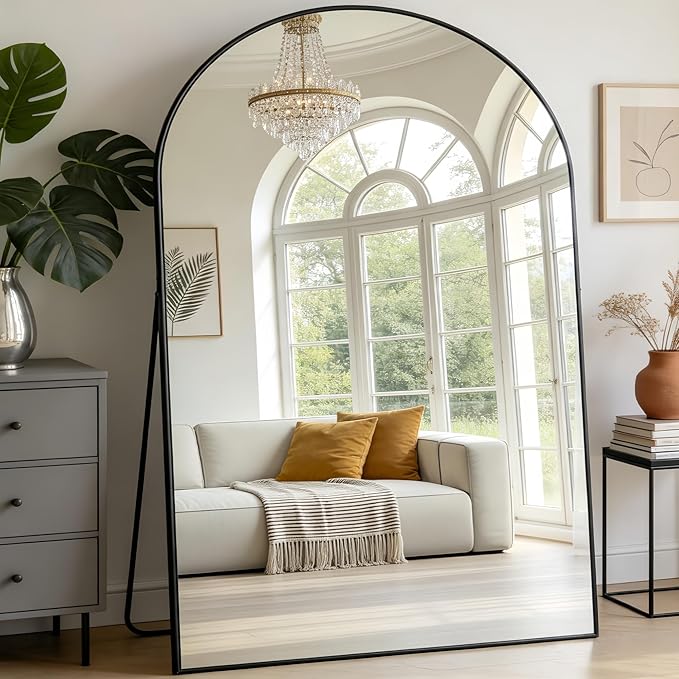 Dewfig Arched Full Length Mirror, 90"x46" Large Floor Mirror with Stand, Oversized Full Body Mirrors for Leaning or Hanging, Wall Mounted Mirrors for Bedroom, Living Room,Dressing Room, Black
