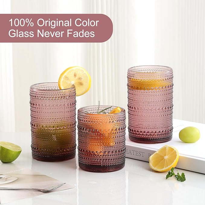 ZMOWIPDL Vintage Hobnail Drinking Glasses Set of 8,Purple 12 oz & 15oz Highball Glass Cups, Kitchen Drinkware Glassware,Embossed Water Tumbler,for Beer,Cocktail,Whiskey,Juice and Various Mixed Drinks