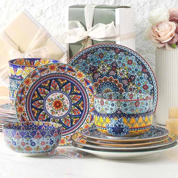 HASENSE 18 Pieces Kitchen Dinnerware Sets Service for 6, Bohemian Style Plates and Bowls Set, Ceramic Vintage Tableware Dishes Set, Scratch Resistant Microwave and Dishwasher Safe, Assorted Color