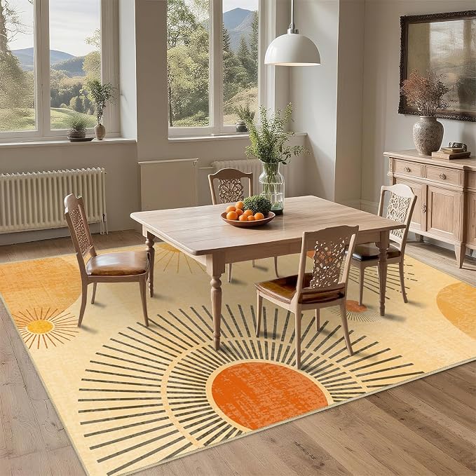 8x10 Large Area Rug for Living Room Sun Rug Mid Century Modern Rugs Machine Washable Boho Geometric Rug Non Slip Printed Low Pile Indoor Floor Carpet for Dining Room Bedroom Office,Yellow